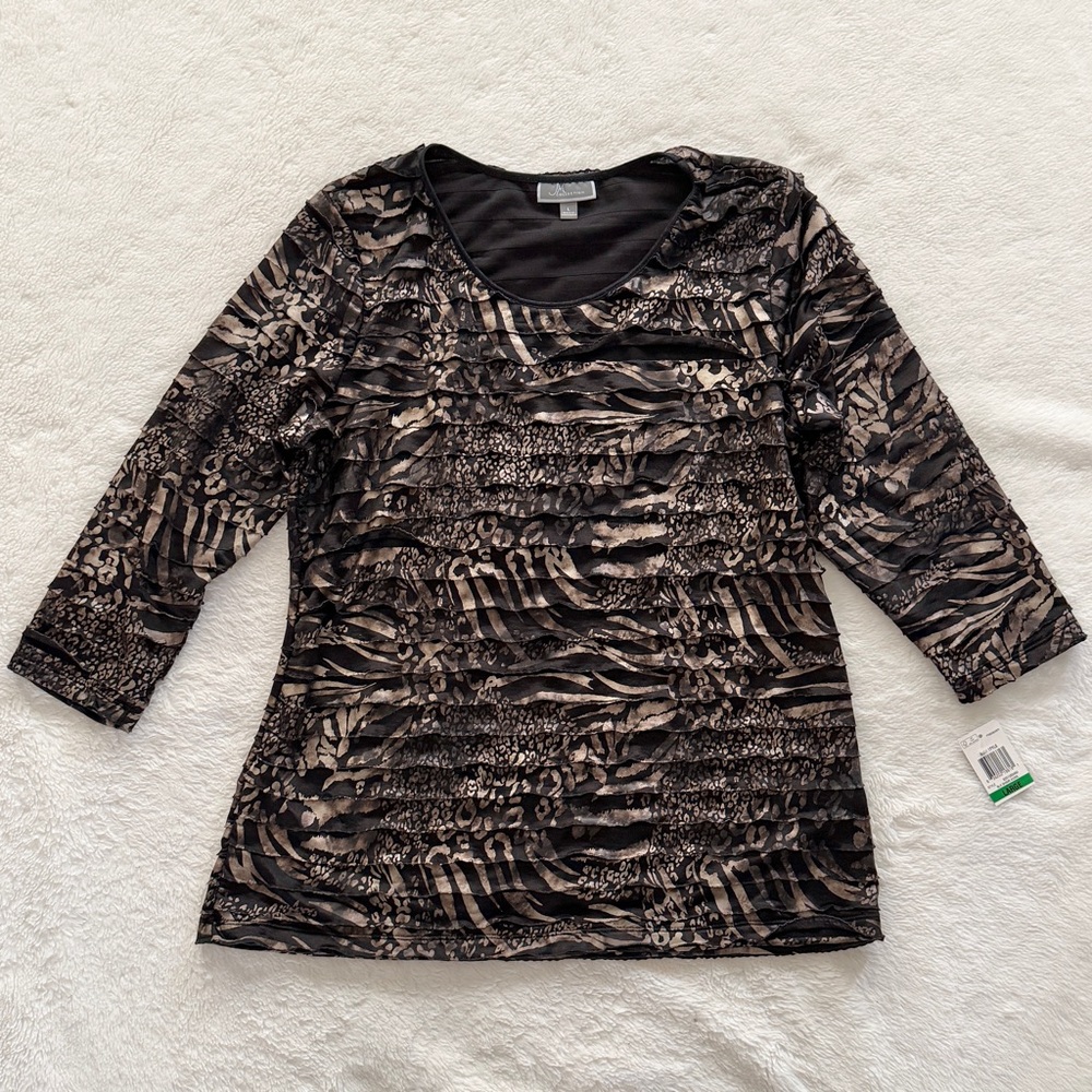 JM Collection Printed Ruffle Top Black Gold Shimmer Animal Print Size Large